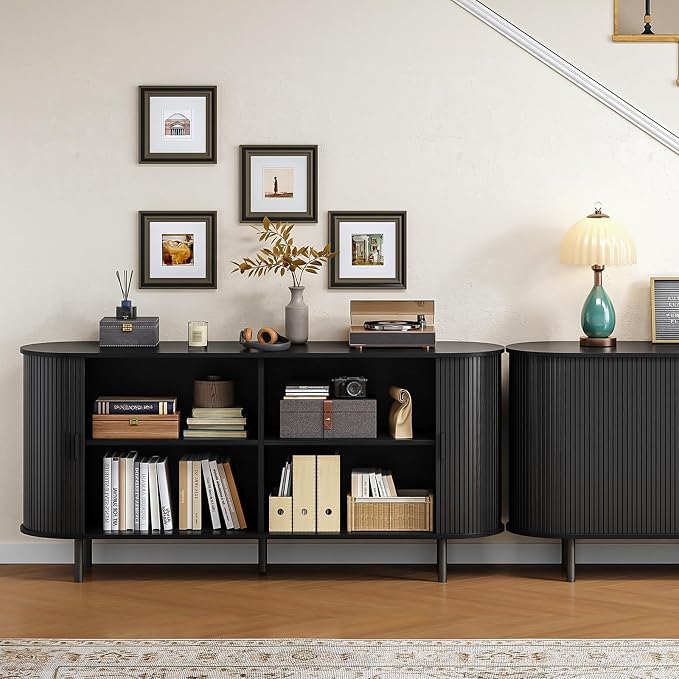 Buffet Cabinet with Storage, Fluted Sideboard Buffet with Sliding Door, Coffee Bar Cabinet with Adjustable Shelf, Console Table, Accent Table for Entryway, Kitchen (Black, 63 Inch)