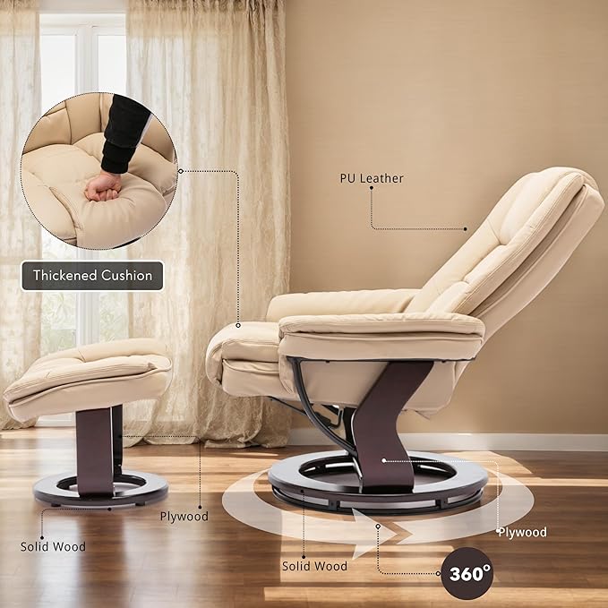 Argus Swivel Recliner with Ottoman, PU Leather & Wood Base Reclining Chair with Footrest, Ultra-Plush Double Foam for Living Room, Bedroom and Office, Set of 1