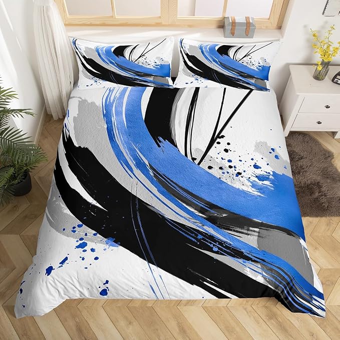 Erosebridal Black and Blue Kids Bedding | Modern Geometric Striped Duvet Cover for Boys Girls Contemporary Watercolor Graffiti Bed Set Boho Minimalist Aesthetic Art Bed Cover Full 3 Pieces