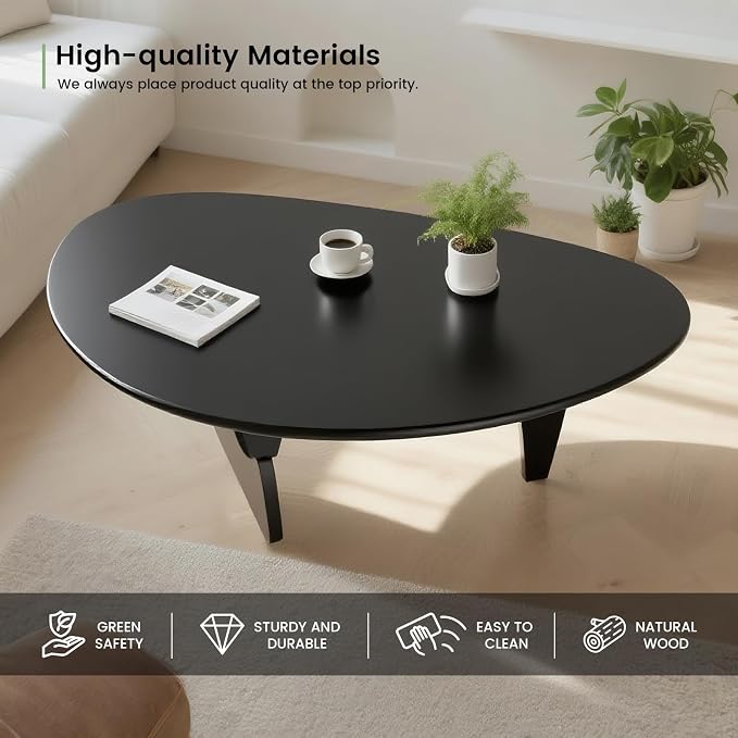 Solid Wood Triangle Coffee Table,Unique Mid Century Modern Oval Coffee Table,Irregular Geometric Tea Tables for Home Living Room with Wooden Tabletop and Reinforced (Black, 33" L x 24" W x 16" H)