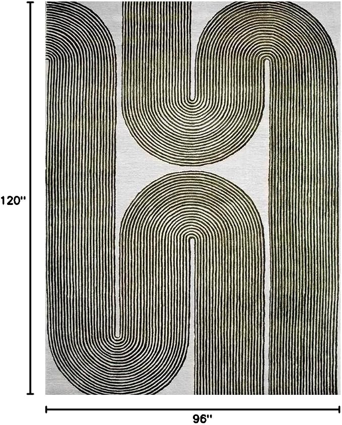 Modern Handmade Wool Area Rug, Abstract Curved Line Geometric Carpet for Living Room Bedroom, Contemporary Tufted Indoor Rug with Soft Pile and Cotton Backing (Olive, 5' x 8')