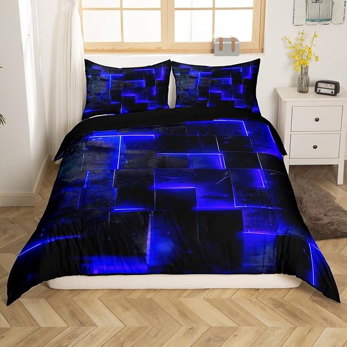 Navy Blue Black Bed Set 3D Glowing Buffalo Duvet Cover Twin Size Modern Abstract Art Twin Bedding Sets Geometric Plaid Comforter Cover, Gradient Futuristic Cubes Bed Cover (Black Reversible)