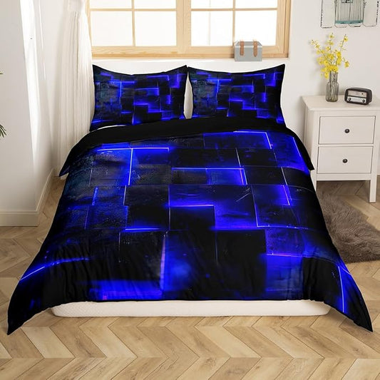 Black Navy Blue Abstract Comforter Cover Gradient Square Bed Set Grid King Duvet Cover Neon Checkered Bedding Set King Glowing Plaid Bedspread Cover Modern Room Decor 3pcs (Black Reversible)
