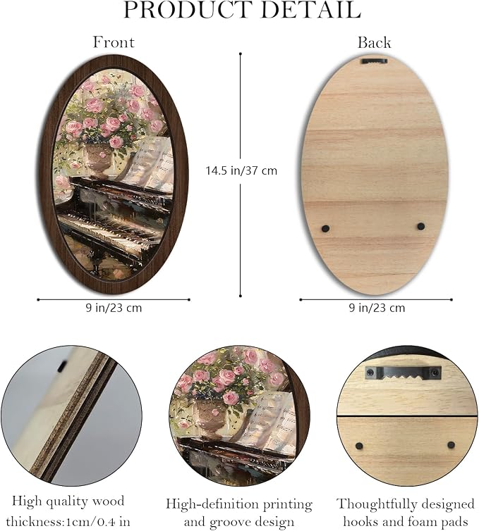 UYIKG Vintage Wall Art Oval Framed,Oil Painting Art Floral Piano Wooden Framed Decor,Farmhouse Oval Wall Decor for Theme Room Home Bedroom Living Room Home Office 9x14.6 in