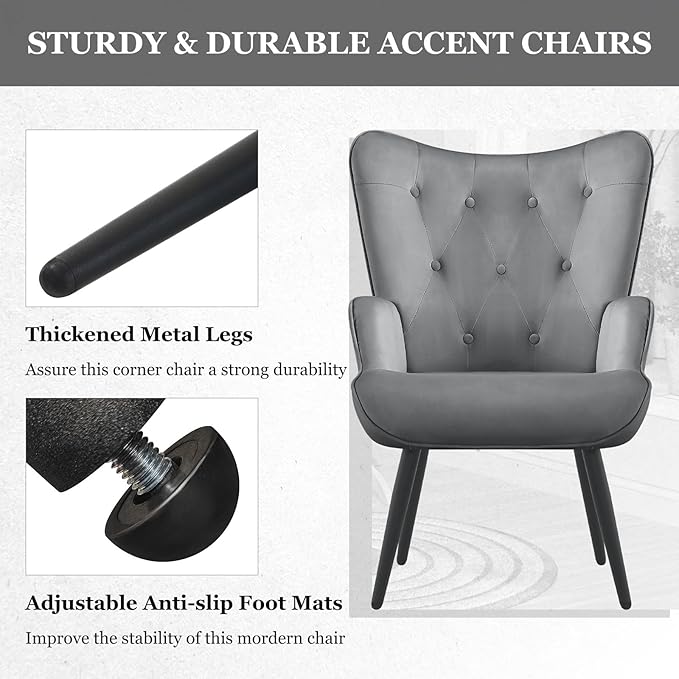 Furnimart Accent Chairs Set of 2, Grey Velvet Chair Reading Chair Armchair with High Backrest, Wingback Corner Chair Mid Century Modern Chair for Living Room, Bedroom, Waiting Room