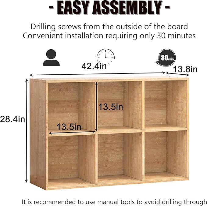 Wooden 6 Cube Storage Organizer with Closed Back Panel,White Cube Shelf Cubby Storage Organizers with Compartments for Living(Oak, 6 Cube-13in)