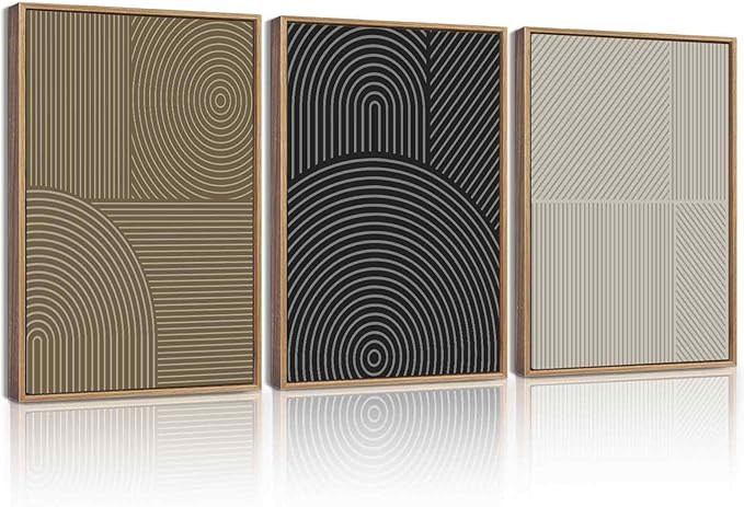 KUVIOKE Minimalist Abstract Boho Framed Wall Art Modern Mid-Century Bohemain Neutral Line Wall Decor Geometric Artwork Bedroom Decor 12x16in (Natural Framed)