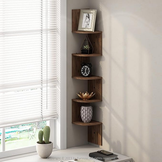 Furinno Rossi 5-Tier Floating Corner Shelf for Wall, Corner Zigzag Shelf Wall Mounted, Radial Wall Mount Shelves, for Home Office, Living Room, Bedroom, Bathroom, Columbia Walnut