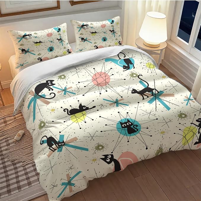 Mid Century Black Cat Comforter Set,Retro Abstract Atomic Star Pattern Cartoon Black Cat 1950s 1960s Vintage Pastel Bedding Set with Pillowcase for Bedroom Bed Decor,King 102"x90"