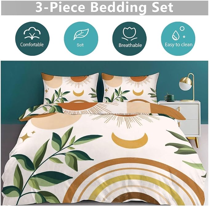 Mid Century Leaf Bedding Set,Boho Tropical Nature Plants Modern Minimalist Comforter Set with Pillowcase for Bedroom Bed Decor,Queen 90"x90"