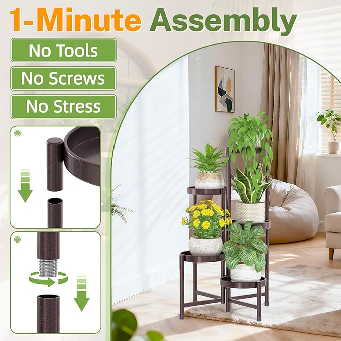 iDavosic.ly Plant Stand Indoor Outdoor, 5 Tier Corner Metal Flower Display Holder Shelf, Folding Tall Orchid Rack for Patio Balcony Porch Garden Living Room House, Violet Bronze