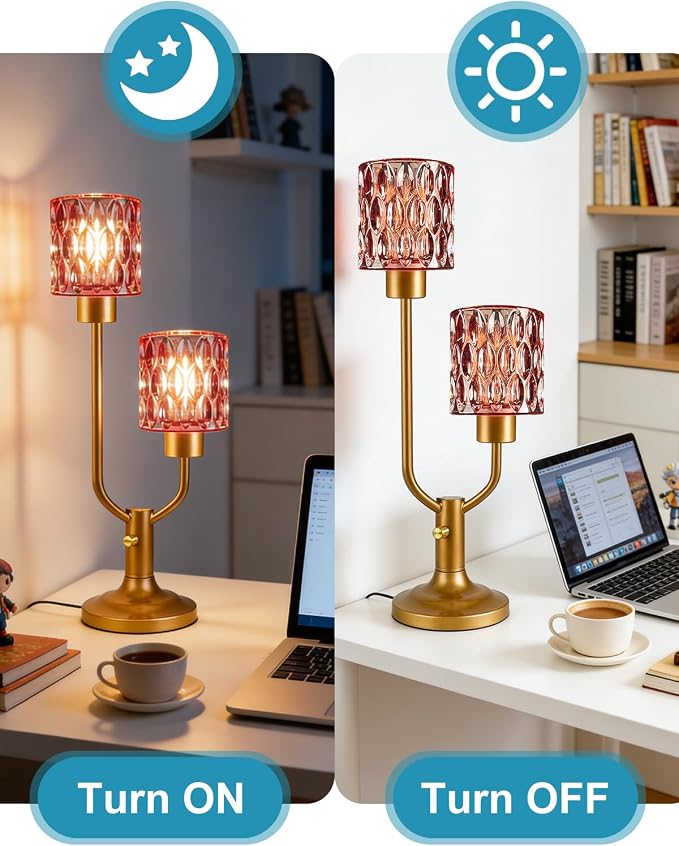 Lightdot Mid Century Modern Table Lamp Dimmable Nightstand Lamp Red Glass Vintage Gold Desk Lamp 2 Bulbs Included Warmwhite Ambient Bedside Lamps for Living Room Bedroom Girls Room Home Office Decor
