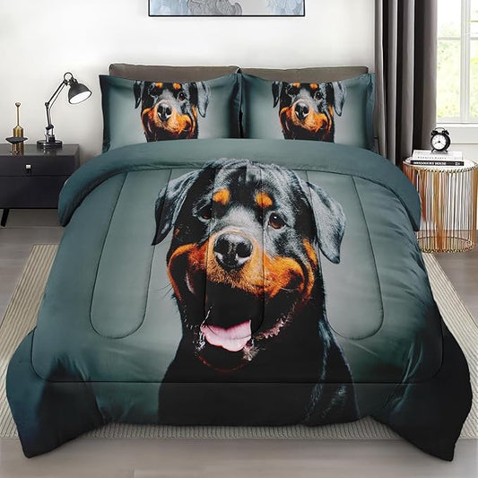 Comforter Set with 2 Pillowcases King Size, Cute Happy Grey Rottweiler Dog, Bed Decor Black Arctic Animal for Kids and Adults, Soft Cozy Bedroom Bedding Set
