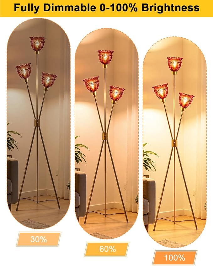 Lightdot 3-Lights Glass Tripod Floor Lamp Gold Dimmable Floor Lamps with 3000K Warm White Bulbs for Wedding Party 62IN Tall Standing Lamp with Deep Red Glass Shade for Living Room/Bedroom/Home Decor