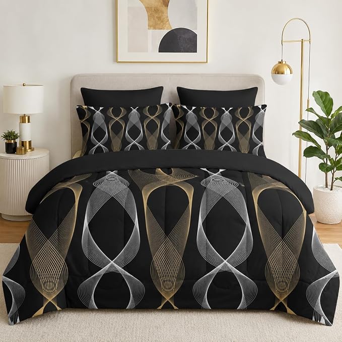 Nesker 7 Pcs Comforter Set Full Size, Striped Minimalist Bedding Set for Kids and Adults, White Golden Wave Bed Sheet Sets with Fitted Sheet 2 Pillowcases & 2 Shams