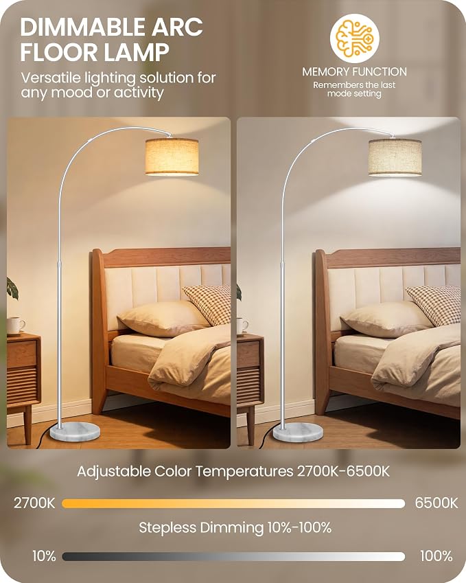 75" Arc Floor Lamp with Marble Base and Adjustable Height, Rotating Hanging Shade, Dimmable Floor Lamp for Living Room with Remote and Foot Switch, 3CCT, Beige Shade and Silver Pole SE15LD05N1