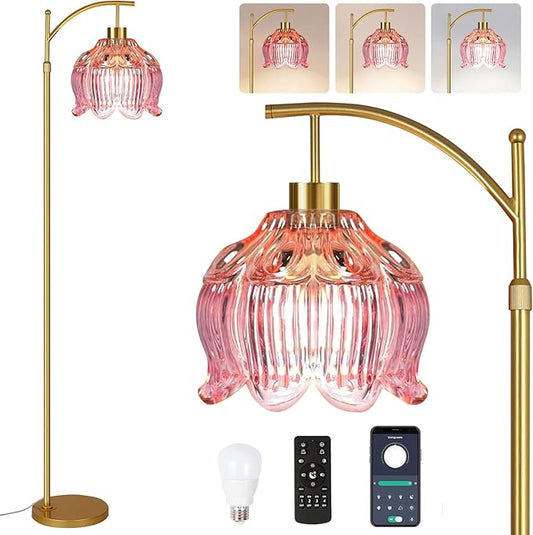 Pink Floor Lamp for Living Room,Bedroom,Glass Mid Century Modern Standing Lamp with Remote,Dimmable Gold Brass Tall Lamp Tulip Flower Arc Floor Light Boho Bohemian