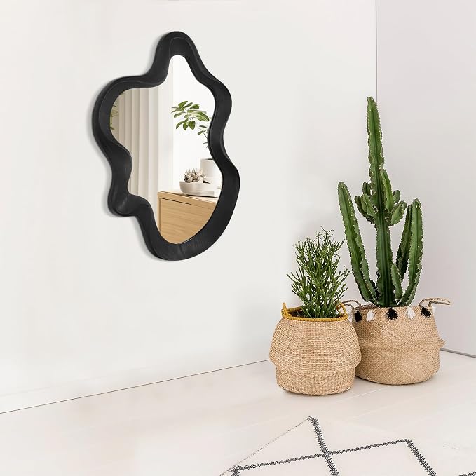 Asymmetrical Mirror for Wall Decor Large Modern Wavy Wooden Framed Wall Mirror Unique Shape Wall Mounted Vanity Artistic Wavy Mirror Decorative for Living Room Bedroom Bathroom Entryway Black