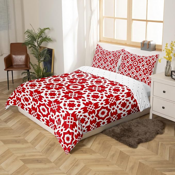 Erosebridal Red Geometric Floral Duvet Cover Toddler for Kids Boys Girls,Elegant Retro Floral Comforter Cover,Abstract Flower Art Bedding Set,Modern Aesthetic Bed Set with 1 Pillowcase Bedroom Decor