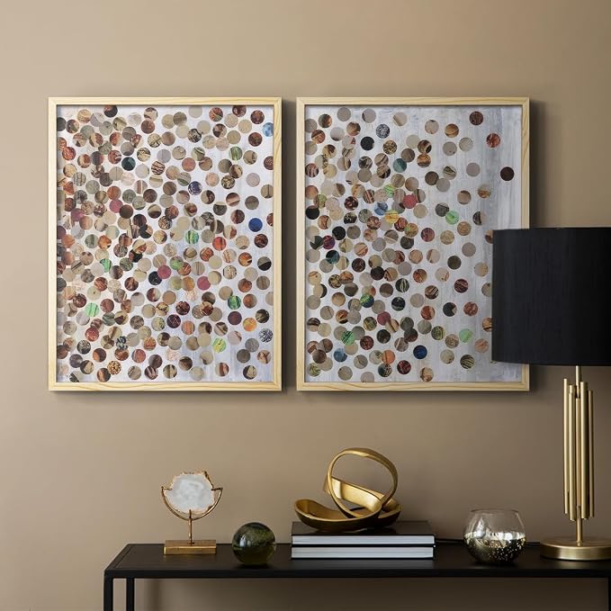 Renditions Gallery Set of 2 Peel & Stick Framed Prints, Textured Abstract Wall Art, Scattered Circular Cutouts Wall Decor, Re-Stickable - Ready to Hang - 16"x20" - NATURAL WOOD Frame LT588