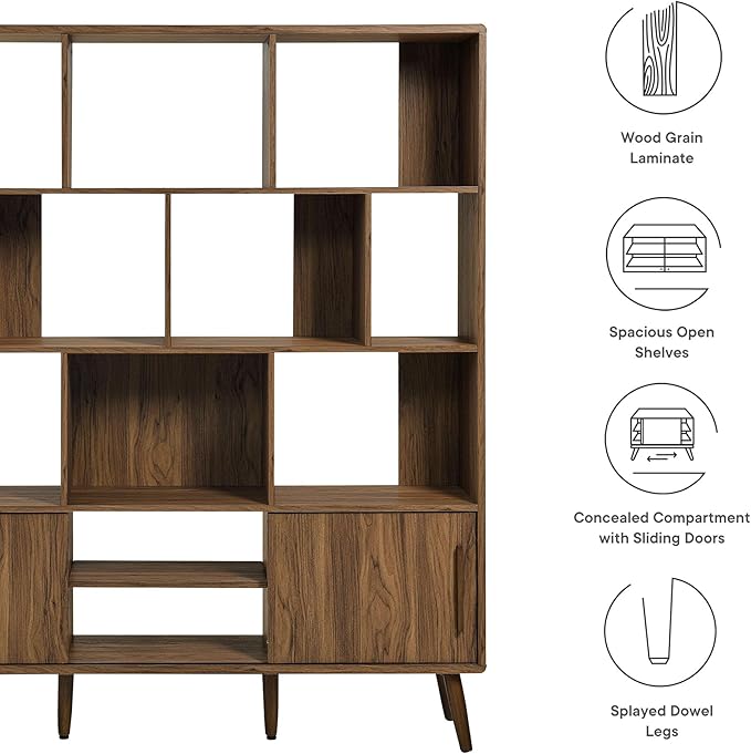 Modway Transmit 14 Shelf Bookcase with Sliding Doors in Walnut - 59 Inch Wood Mid-Century Modern Bookshelf - 4 Tier Wide Open Display Storage Cabinet for Living Room, Office, Hallway