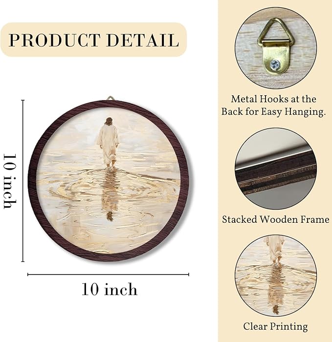 TFKFJLF Christian Jesus Round Wall Art Decor, Vintage Religious Framed Wooden Wall Art Prints Artwork, Christian Easter Wall Hanging Room Door Decor for Home Bedroom Living Room, 10x10 Inch