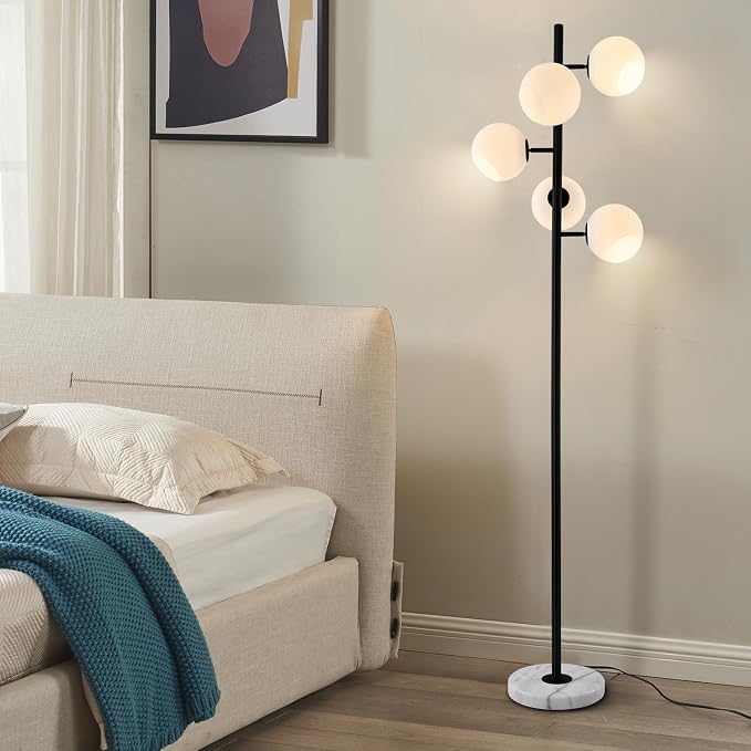 KCO Lighting Five Globe Mid Century Modern Floor Lamp - Milk Glass Shade, Black Finish, Marble Base for Living Room