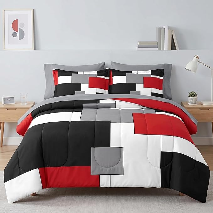 WeCozy 7 Pcs Queen Size Comforter Set with 2 Pillowcases & 2 Shams, Red and Black Geometric Bedding for Kids and Adults, Abstract Gray Bed in a Bag with Flat Fitted Sheet
