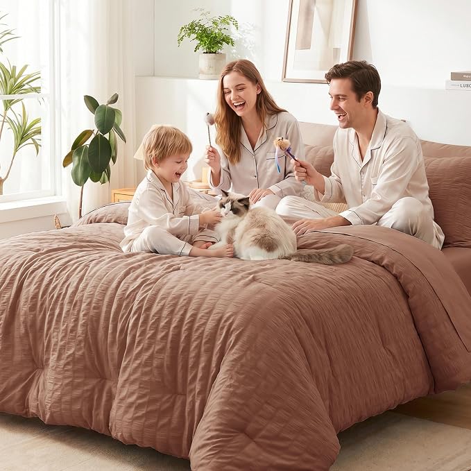 CozyLux King Size Comforter Set Mocha Mousse, 7 Pieces Seersucker Textured Luxury Bed in a Bag, All Seasons Soft Bedding Sets with Down Alternative Comforter, Sheets, Pillowcases & Shams, Home Gift