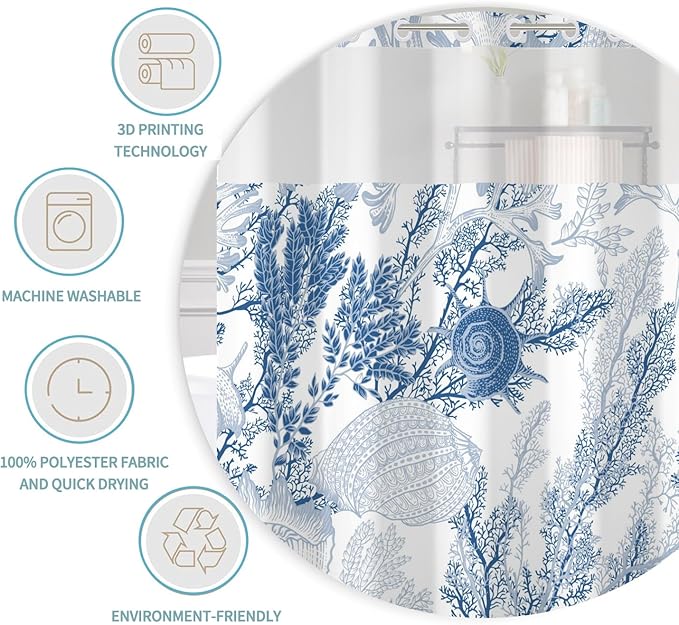 No Hook Shower Curtain with Snap in Fabric Liner Set Nautical Coastal Seashell Coral Beach Ocean Shower Curtains for Bathroom Waterproof Polyester No Hook Home Decorations 71x74in