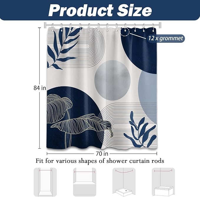 Navy Blue and White Shower Curtain Mid Century Modern Dark Blue Boho Shower Curtains for Bathroom Decor MCM Mens Cool Bath Curtain Set, Waterproof Fabric with Hooks 70 x 84 Inch
