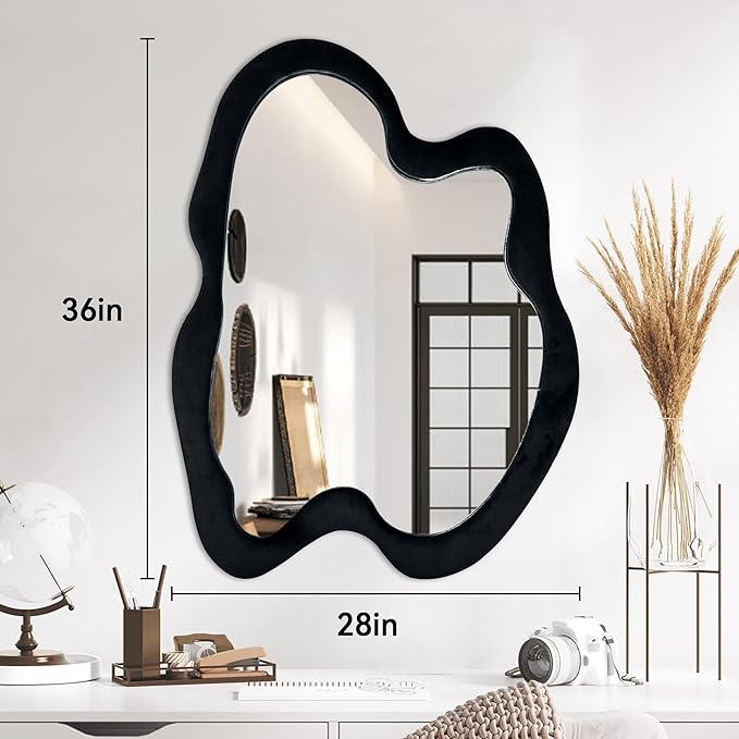Irregular Wall Mirror Asymmetrical Mirror, Black Wavy Mirror with Flannel Frame, Decorative Wall Mirror for Bedroom, Livingroom, Entryway, 28"x 36"