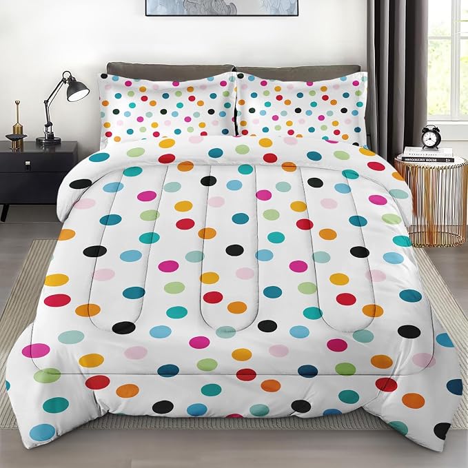 Comforter Set with 2 Pillowcases King Size, Fun Colorful Polka Dots, Bed Decor White Cute Girly Colored Circles for Kids and Adults, Soft Cozy Bedroom Bedding Set