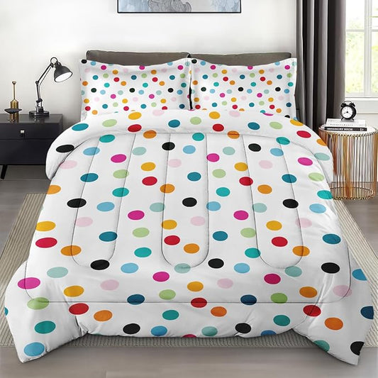 Comforter Set with 2 Pillowcases King Size, Fun Colorful Polka Dots, Bed Decor White Cute Girly Colored Circles for Kids and Adults, Soft Cozy Bedroom Bedding Set