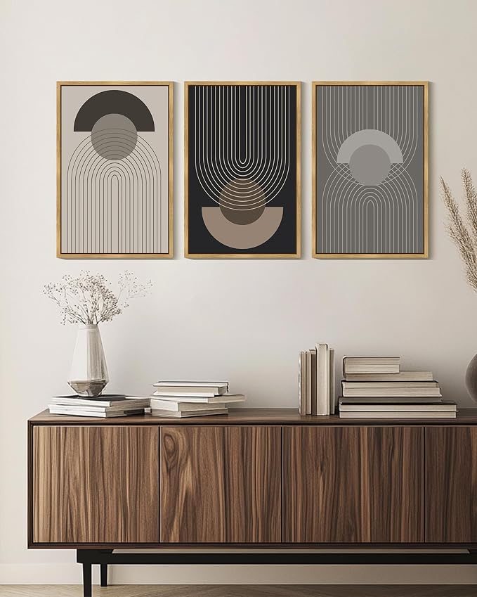 Boho Vintage Line Wall Art Framed Mid Century Bohemain Wall Decor Abstract Modern Artwork Home Office Living Room Prints Ready to Hang 16x24in Natural Framed