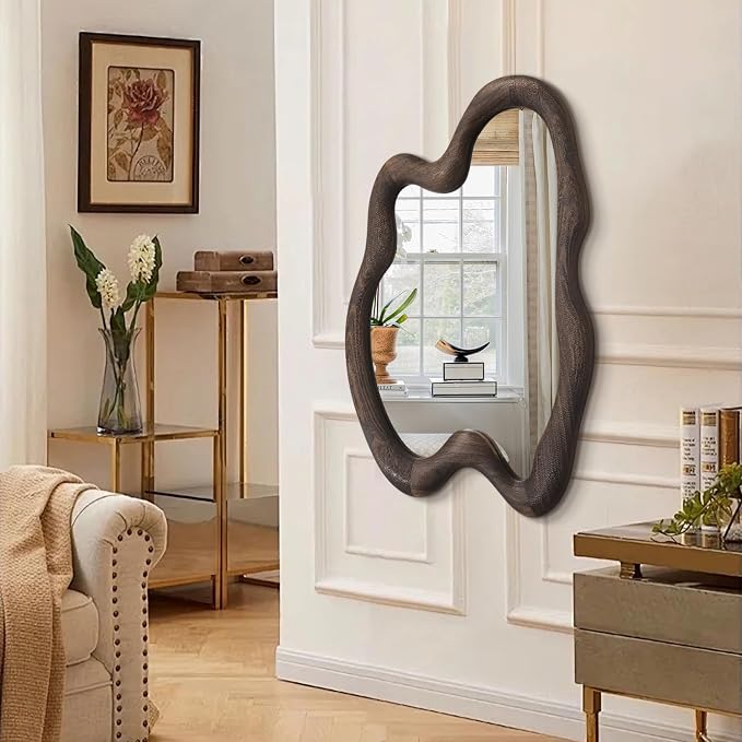 AAZZKANG Large Rustic Wall Mirror with Wooden Frame Vintage Irregular Wall Mirror 28"x20"Asymmetrical Hanging Mirror for Bathroom Bedroom Living Room Entryway