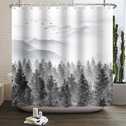 Baocicco Grey Forest Mountain Shower Curtain Watercolor Misty Forest Nature Tree Mountain Landscape Shower Curtains for Bathroom Waterproof Fabric Shower Curtain with Hooks 72x96 Inches