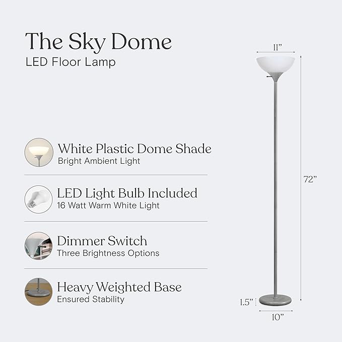 Brightech Sky Dome Dimmable LED Floor Lamp, Torchiere Floor Lamp for Living Room, Bedroom, & Office – Tall Torch Standing Lamp for Reading, Modern Home Decor – Platinum Silver