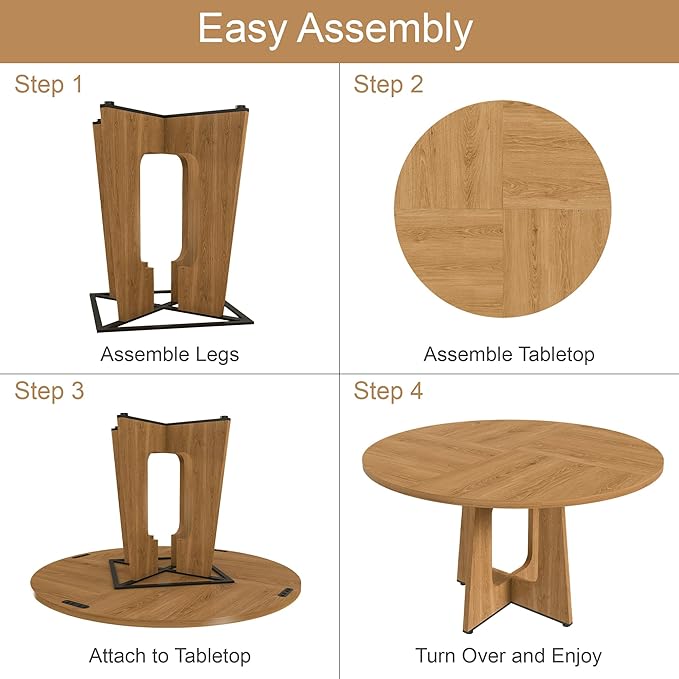 47" Round Dining Table Set for 6, Wood Grain Table and 6 Brown Suede Upholstered Chairs Set, Modern Kitchen Table Set with Cross Legs