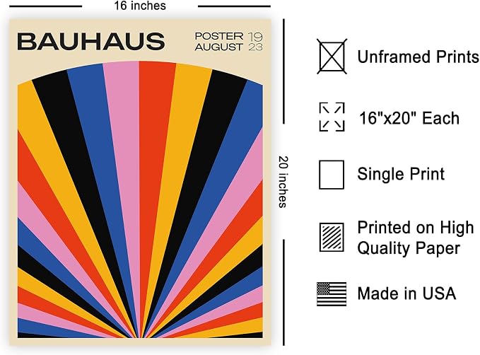 Poster Master Bauhaus Poster - Rainbow Sun Rays Print - Geometric - Abstract Art- Graphic Design - Chic Boho - Mid Century Modern Art - 16x20 UNFRAMED
