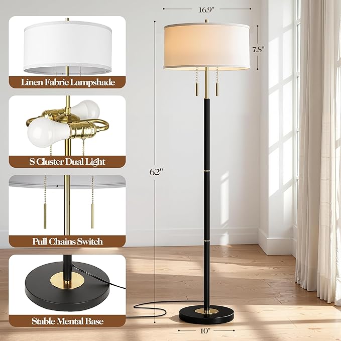2-Light Mid Century Modern Floor Lamp, Standing Lamp with Fabric Shade and Pull Chain Switch, Tall Floor Lamp for Living Room, Bedroom,Office Corner (Black, 2X 3CCT Bulb Included)