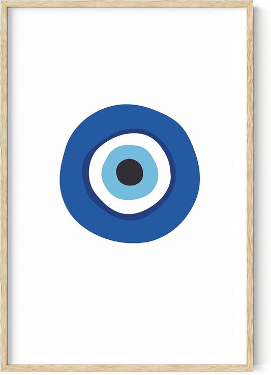 HAUS AND HUES Evil Eye Decor - Navy Blue Wall Art, Evil Eye Wall Decor, Mykonos Artwork, Evil Eyes Print, Big Eyes Painting Print, Evil Eye Poster for Wall Art Aesthetic (Beige Frame, 24x36)
