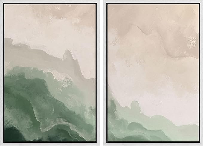 MUDECOR Framed Canvas Print Wall Art Soft Green and Beige Abstract Calming Watercolor Landscape Illustrations Modern Art Decorative Bohemian Chic for Living Room, Bedroom, Office - 16"x24"x2 White