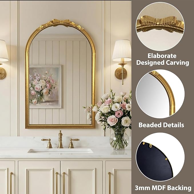 Vintage Arched Gold Carved Bow Wall Mirror - 24''x39''Champagne Gold Large Baroque Wall-Mounted Mirror - Twisted Rope Metal Frame - Antique French Ornate Mirror for Entryway/Hallway/Bathroom