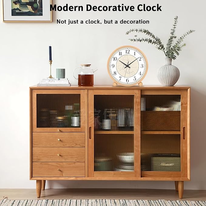 Maxspace Wooden Table Clock,8in Silent Non-Ticking Desk Clock,Battery Operated Desktop Analog Clock for Living Room Bedroom Kitchen Office Classroom Decor (Log - Map)
