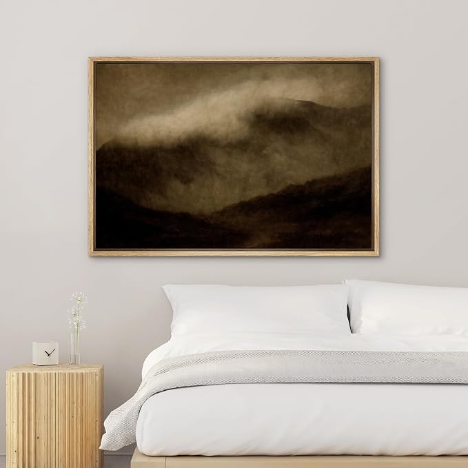 SIGNWIN Framed Canvas Print Wall Art Fog Rolling Over Mountains Moody Sepia Nature Illustrations Minimalism Decorative Boho Multicolor Retro for Living Room, Bedroom, Office - 16"x24" Natural