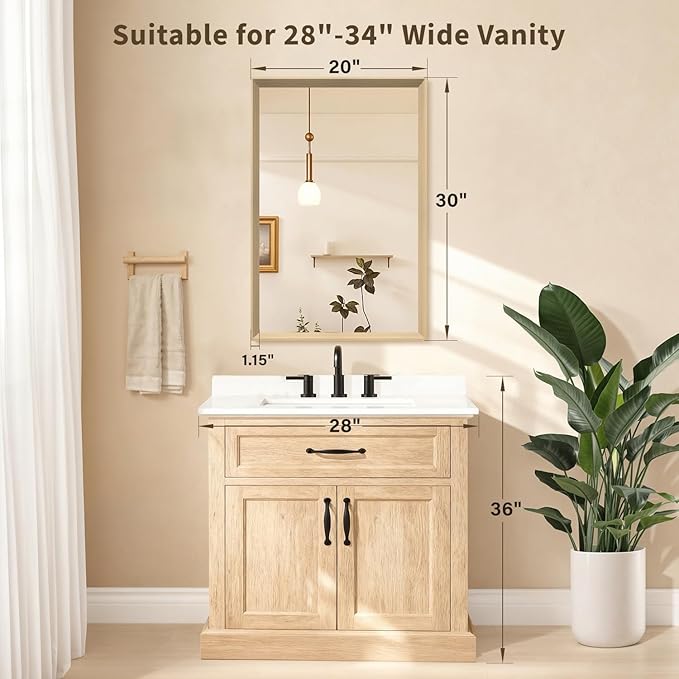 Oak Wood Effect Framed Wall Mirror, 20x30 Rectangle Mirror, Anti-desilvering Tempered Glass, Sustainable& Sturdy Frame, Anti-Rust, HD Reflection &3min Fast Setup for Bathroom Living Room
