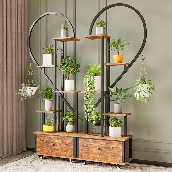 5-Tiered Tall Plant Stand Indoor, Heart-shaped Metal Plant Stand with Wheels and Hanging Hooks, Farmhouse Wood Plant Shelf Indoor for Living Room, Balcony, Garden, Rustic Brown (2 Pack)