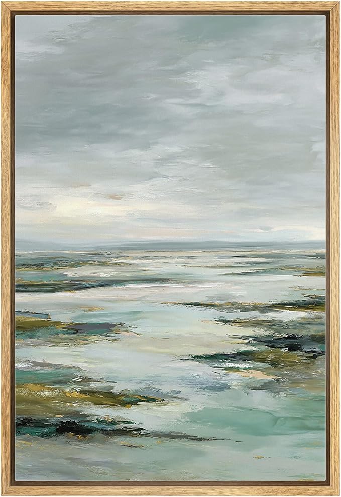 MUDECOR Framed Canvas Print Wall Art Serene Coastal Landscape Abstract Ocean Illustrations Minimalism Decorative Bohemian Colorful Zen for Living Room, Bedroom, Office - 24"x36" NATURAL