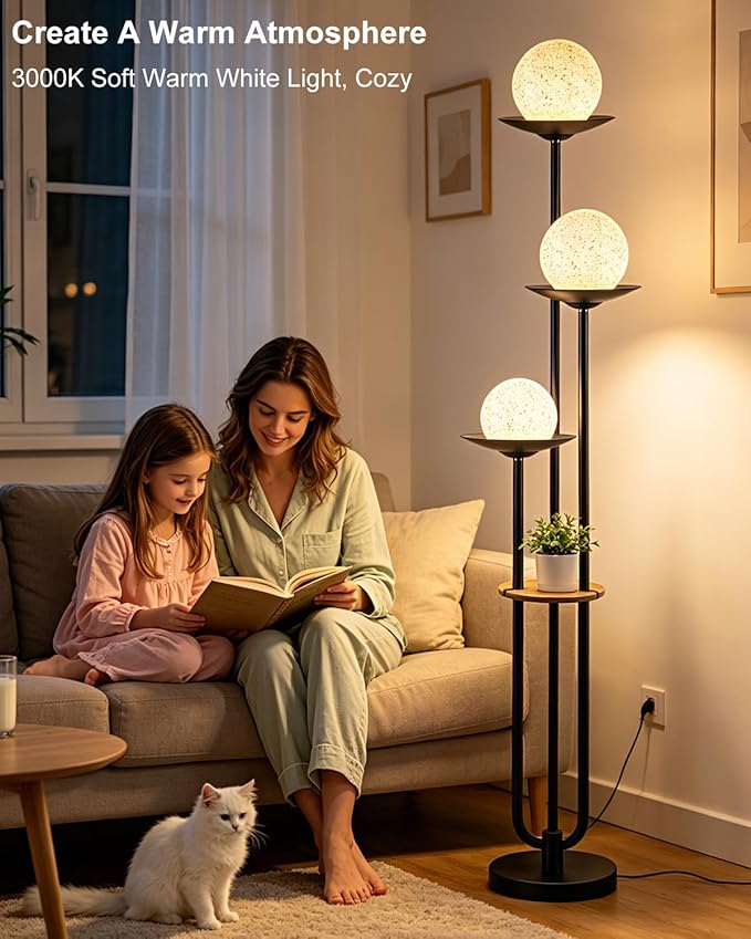 Lightdot Globe Floor Lamp with Shelf 3-Lights Modern Dimmable Floor Lamps for Wedding/Party, 3000K Warm White Bulbs Included, Black Tall Standing Lamp with Grey Shade for Living Room/Bedroom